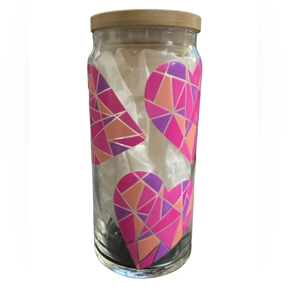 Glass Tumbler With Bamboo Lid Geometric Heart Design Pink Purple